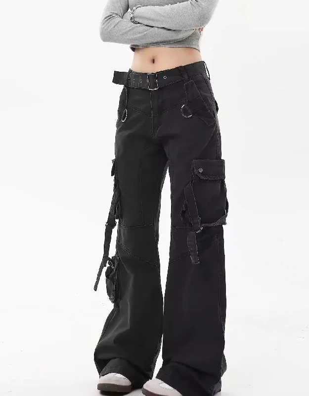 Washed Buckled Strap Cargo Pants