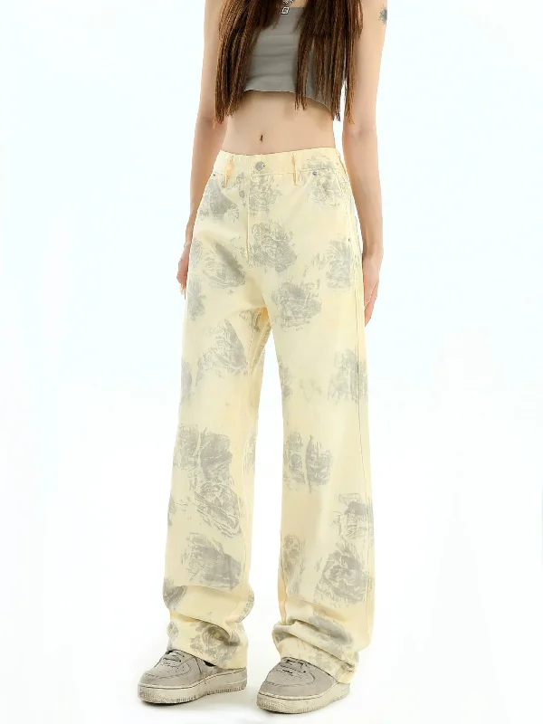 Washed Abstract Print Jeans