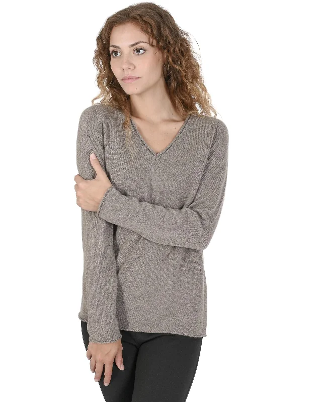 Crown of Edinburgh Cashmere Women's Premium Cashmere V-Neck Sweater in Taupe - 42 EU