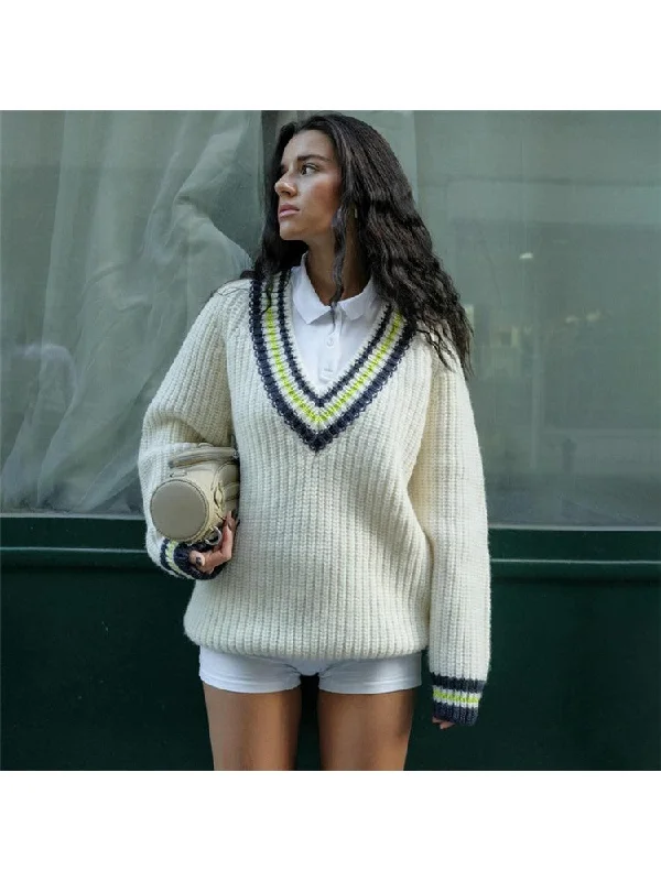 Knitted Colorblock Striped Trim V Neck Sweater