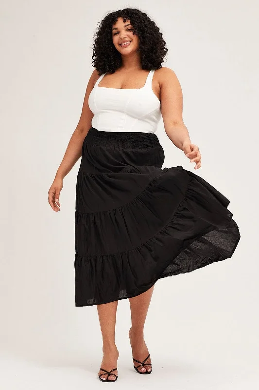 Black Maxi Skirt Cotton Blend Tie