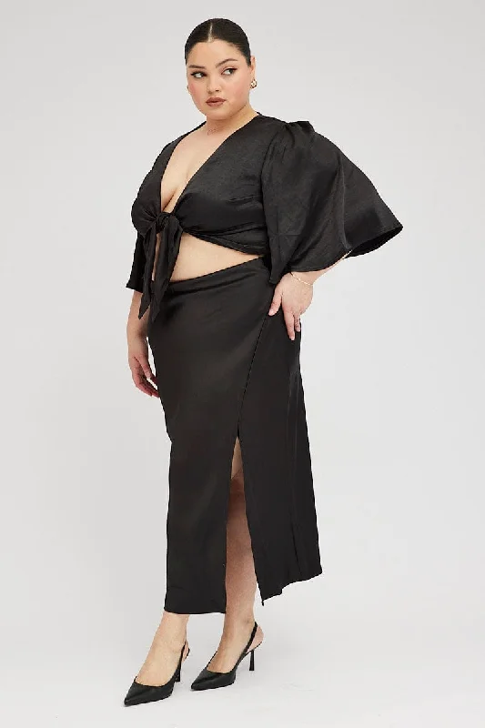 Black Midi Skirt Satin Split Flare