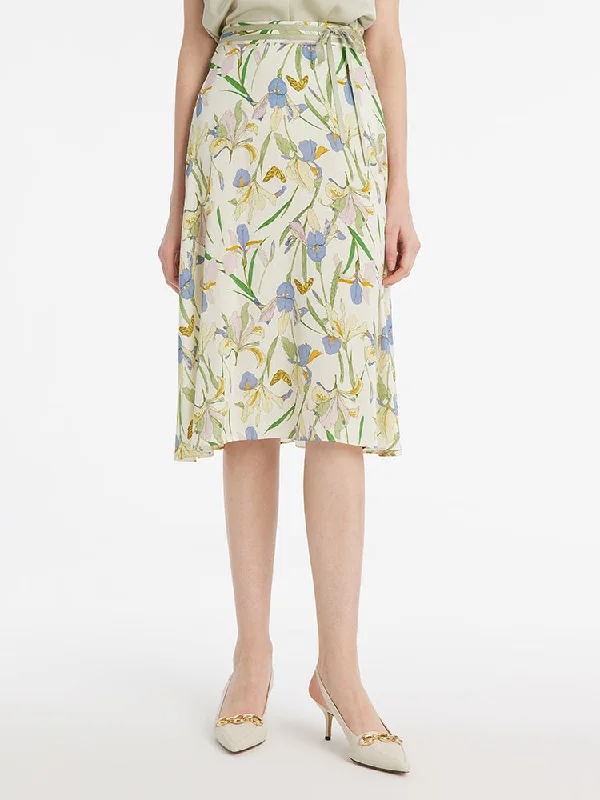 19 Momme Mulberry Silk Iris Print Women Half Skirt