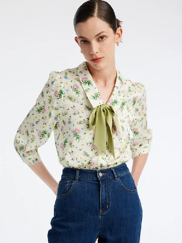 19 Momme Floral V-Neck Slim Women Shirt