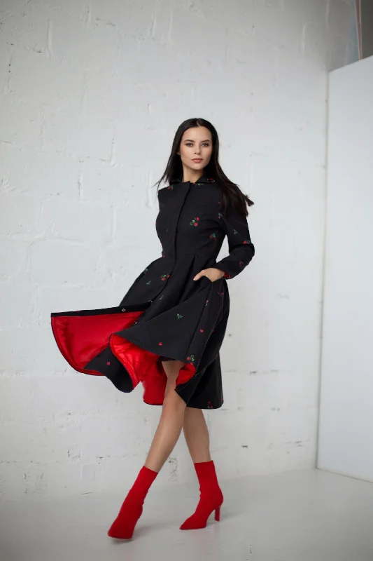 Fit and Flare Black Coat with Pleated Skirt and Strawberry Print | 'Wild Strawberry'