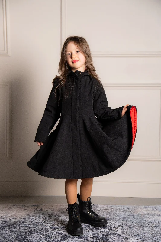 Black Girl's Coat with Bright Red Lining | 'Raven Red'