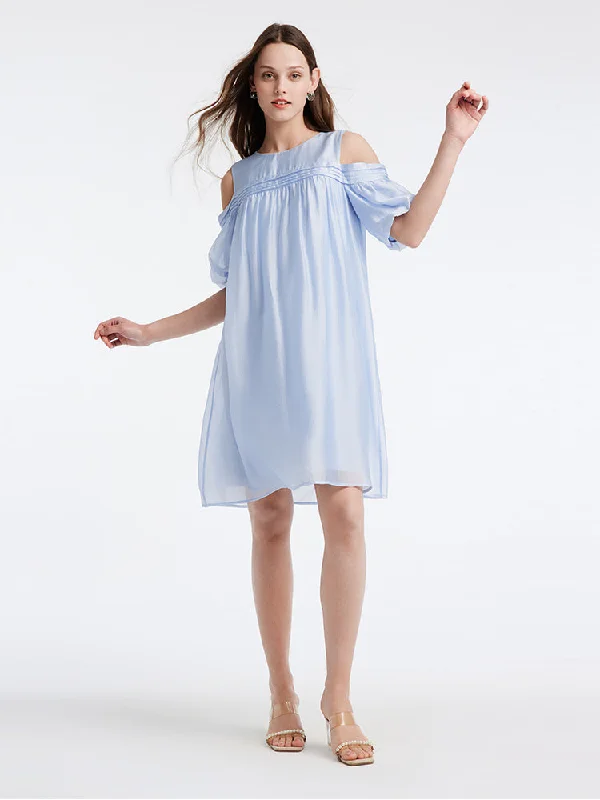 Blue Tencel Cold Shoulder Mini Dress