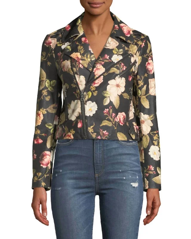 Cody Crop Leather Moto Jacket In Black & Floral