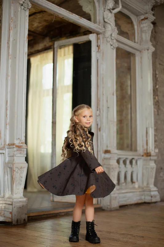 Dark Brown Coat with Black Floral Print for Girls | 'Velvet Leaves'