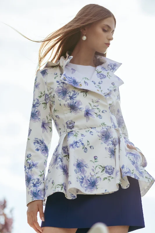 Double Breasted Jacket with Detachable Hood in White with Blue Flower Print | 'Blue Whisper'