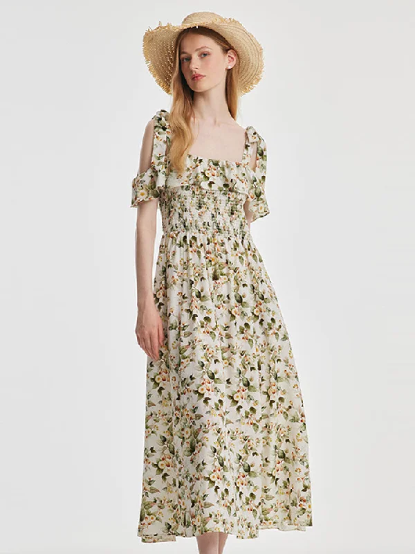 Eucalyptus Blossom Print Tie-Strap Maxi Dress