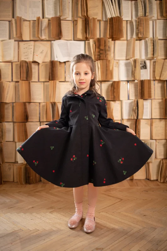 Girls' Black Coat with Red Strawberry Print | 'Wild Strawberry'