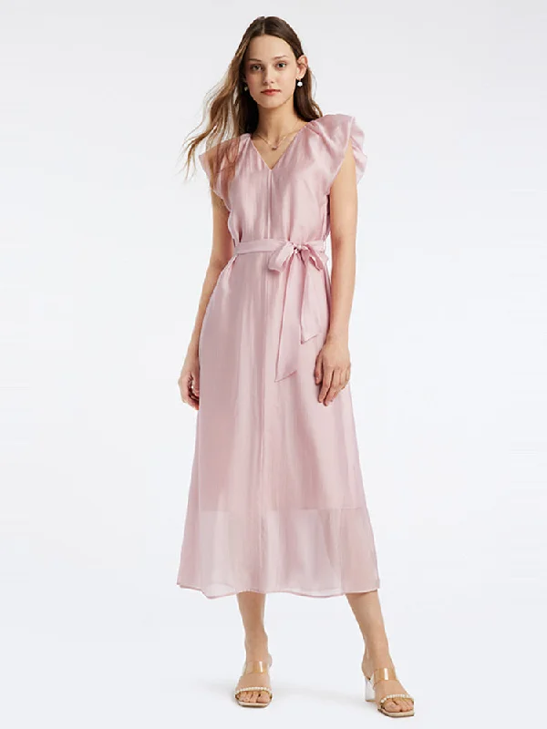 Pink V-Neck Ruffle Sleeve Maxi Dress