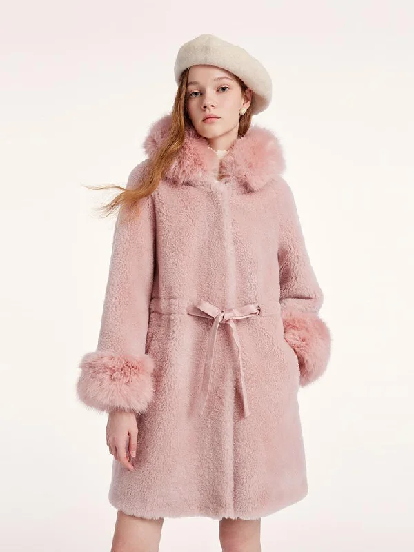 Pink Mid-Length Ruched Velour Coat With Adjustable Ties