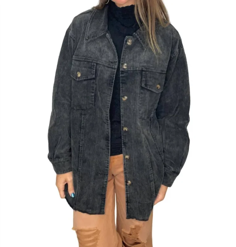 Regan Corded Oversized Shacket In Charcoal/black