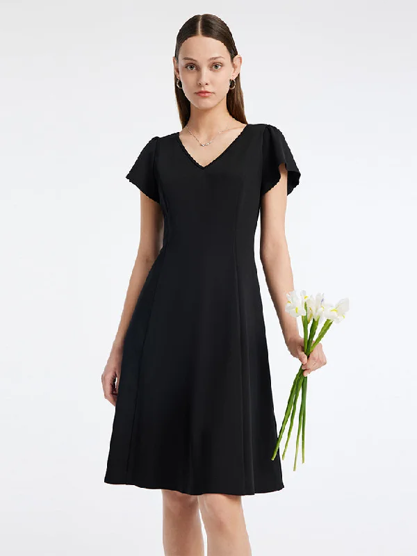 Black V-neck Gathered Waist Mini Dress