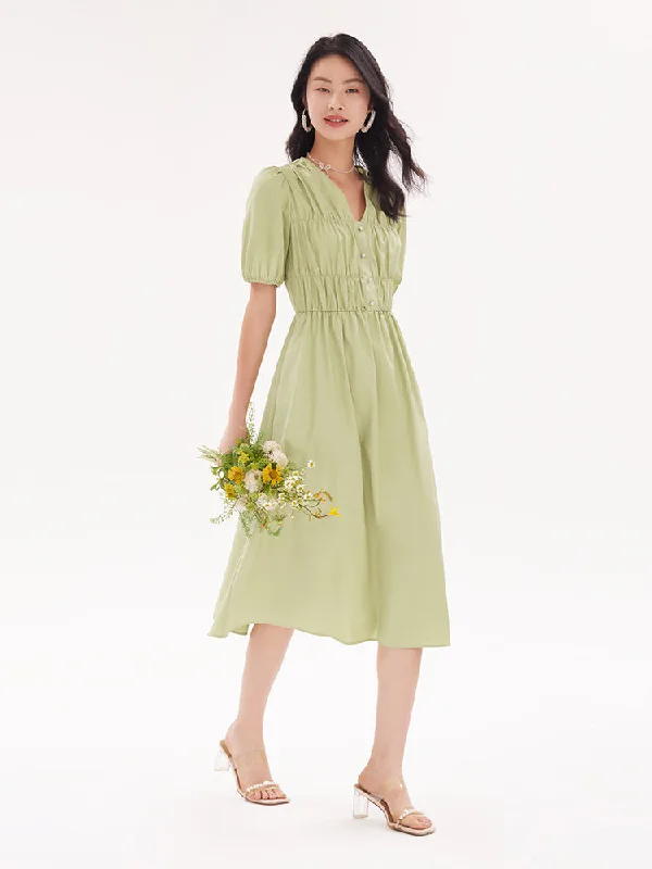 V-Neck Cotton Gathered Waist Midi Dress